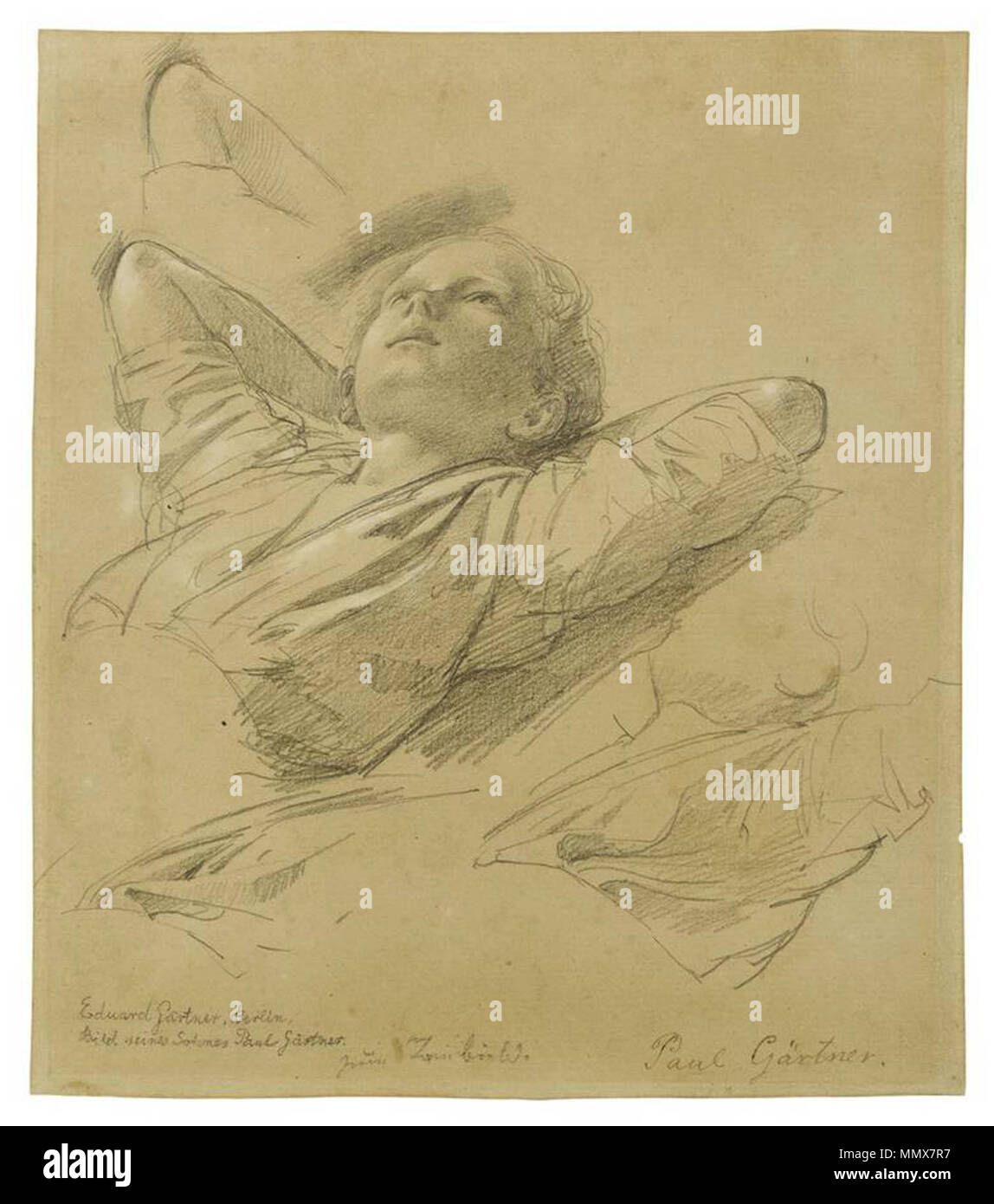 . Studien zum Brustbild eines Jungen liegenden (Paul Gärtner), um 1845/50. Bleistift, weiß, gehöht auf Bütten. 21,2 x 18,5 cm. Inscriptions : 1. "Eduard Gärtner, Berlin. Seines Sohnes Bild / Paul Gärtner." / 2. "[ ?] [ ?]Bild" / 3. "Paul Gärtner" . Entre 1845 et 1850. Eduard Gaertner (1801-1877) peintre allemand Description Date de naissance/décès 2 Juillet 1801 22 février 1877 Lieu de naissance/décès Zechlin Berlin Berlin Deutsch lieu de travail : St Petersburg, contrôle d'autorité : Q880509 : VIAF ?22932931 ISNI : ?0000 0000 8206 2774 ULAN : ?500115624 RCAC : ?n80003155 : WGA ?GÄRTNER, Eduard WorldCat Banque D'Images