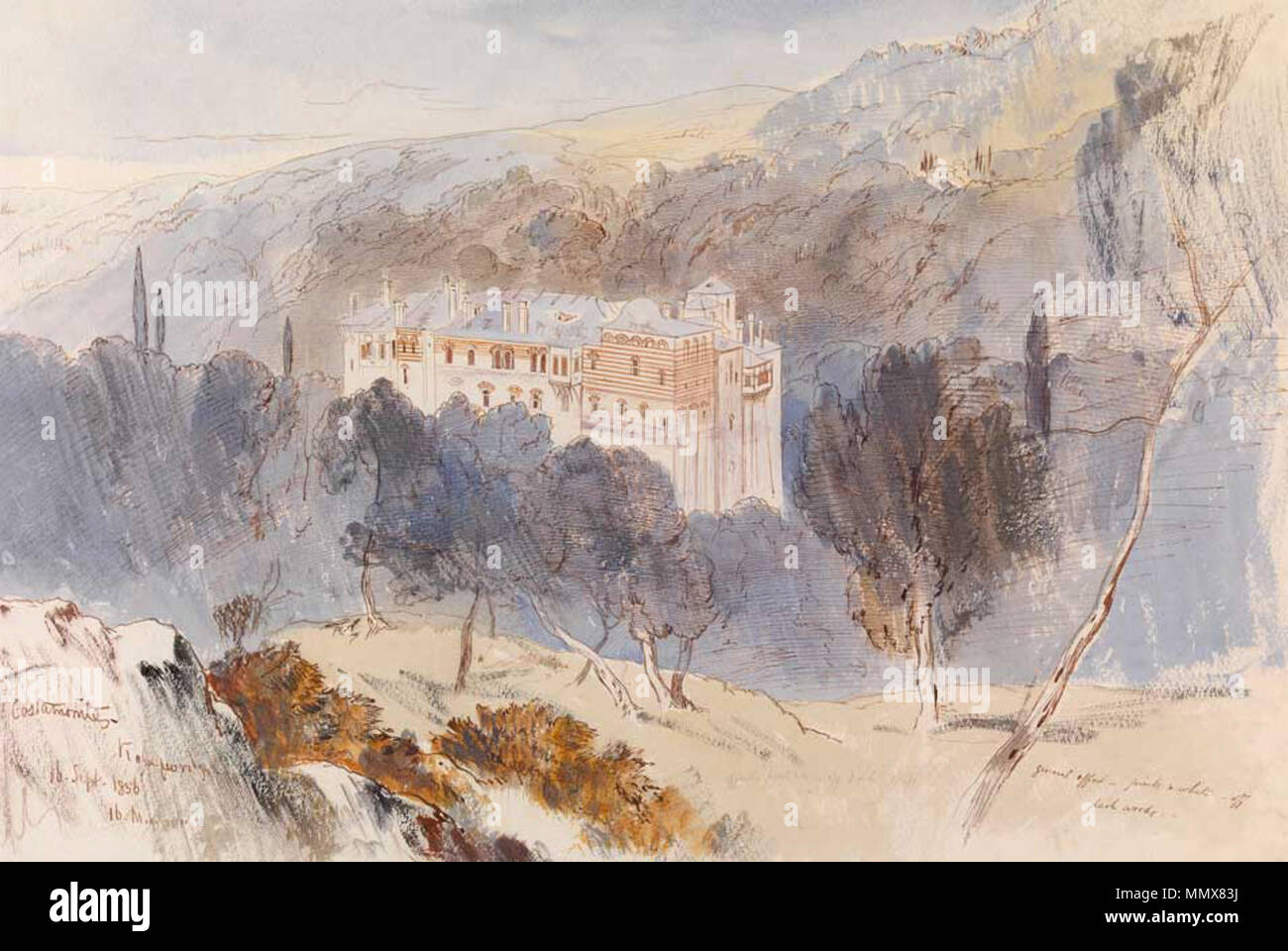 . Anglais : Edward Lear - Monastère de Konstamonitou, 1856. Plume, encre brune et aquarelle sur papier chamois ailesgrises avec . 1856. Edward Lear (1812-1888) Noms alternatifs Derry Derry Down ; Eduard Liri ; Entouarnt Lēar Edu'ard ; Lir, Lear, Lear e Description l'artiste anglais, auteur et poète Date de naissance/décès 12 MAI 1812 29 janvier 1888 Lieu de naissance/décès English : Holloway, Londres, Angleterre. Anglais : Sanremo, Italie. Contrôle d'autorité : Q309759 : VIAF 36920855 ISNI : 0000 0001 2100 6493 ULAN : 500016261 RCAC : n79084245 35296076 NLA : Edward Lear WorldCat - Monastère de Konstamonitou Banque D'Images