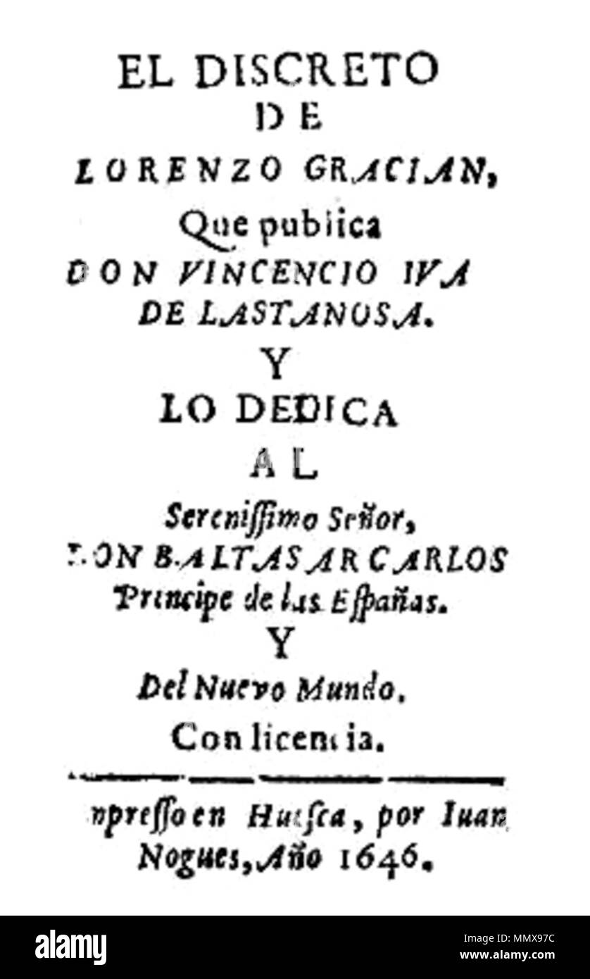 . Portada de la edición del Príncipe El discreto (1646), de Baltasar Gracián El discreto Banque D'Images