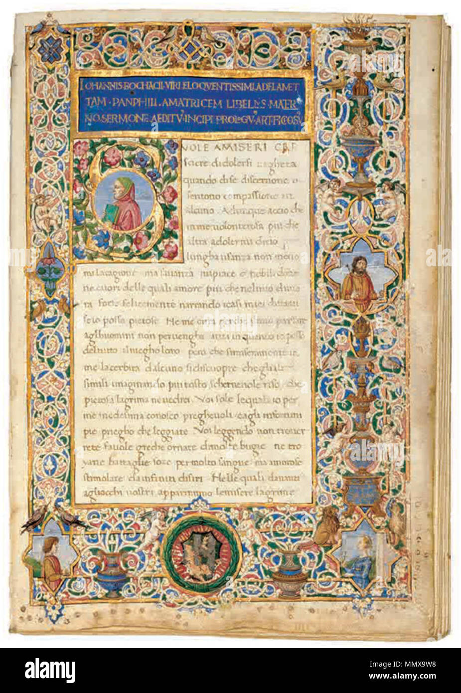 . 30 Giovanni Boccaccio, Elegia di Madonna Fiammetta manuscrit sur vélin en italien, éclairé par Attavante degli Attavanti. Italie, Florence, ch. 1480. 267 x 183 mm. 128 feuilles, texte complet : I-XII, XIII1010-1. Mots clés dans l'ensemble. - Espace écrit : 183 x 90 mm, 27 lignes par page.Texte en italien, dans un script d'humaniste dans l'encre de couleur brun foncé. 133 deux lignes initiales en or sur fond bleu avec blanc décoration penwork et rempli de rose et vert avec du jaune penwork. 8- cinq à six lignes vine-stem initiales. Page de titre avec le plein et la frontière initiale historiée. - Certains se frotter à l'intitulé de pag Banque D'Images