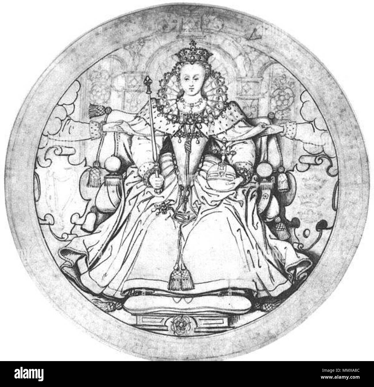 . Conception pour l'avers d'un Grand Sceau pour l'Irlande (jamais fait) d'Elizabeth I d'Angleterre, plume et lavis à l'encre et crayon ; British Museum, Londres . vers 1584. Nicholas Hilliard (1547-1619) peintre anglais Description Date de naissance/décès vers 1547 7 janvier 1619 Lieu de naissance/décès English : Exeter, Devon, Angleterre Londres Londres lieu de travail (1570 - 1576), la France (1576 - 1578) ; London (1578 - 1619) le contrôle d'autorité : Q318114 : VIAF ?79202769 ISNI : ?0000 0000 8159 2861 ULAN : ?500028850 RCAC : ?n50035194 : MusicBrainz ?f5BFB1eb-cc5c-44e9-a56a-7936280b7b16 Elizabeth WorldCat Grand Sceau Banque D'Images