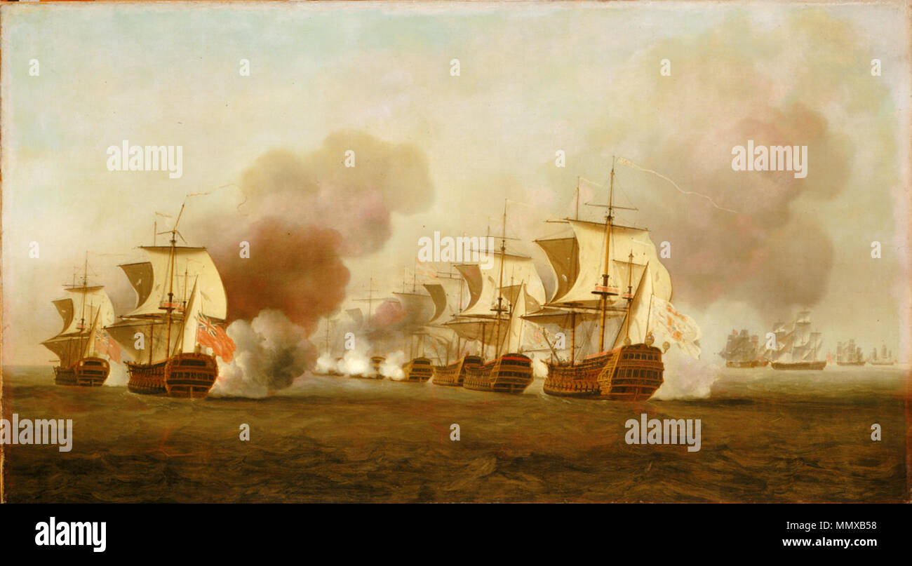 . Anglais : Quand le Contre-amiral Charles Knowles croisait dans la recherche d'un trésor au large de la flotte espagnole La Havane en 1748, il a entendu parler d'un escadron d'Espagnol sept hommes de guerre à proximité. Il les a rencontré le 1er octobre et une action rapide s'ensuivit et l'un des navires espagnols, le "Conquistador", a été capturé par l'amiral. Le navire amiral espagnol a été tellement endommagé que son équipage avait congédiée pour empêcher sa capture deux jours plus tard. En dépit de l'avantage d'anglais, on a pensé que Knowles n'a pas appliqué correctement et de son escadron, et sur son retour en Angleterre, il a été traduit en cour martiale et réprimandé. Ce tableau montre les ac Banque D'Images