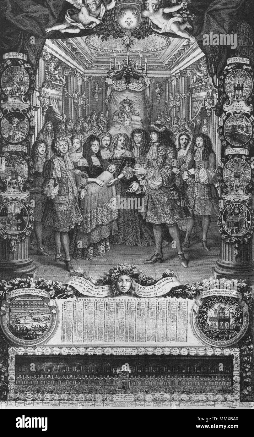Gravure de la naissance de Louis de France, "duc de Bourgogne", en 1682 Banque D'Images
