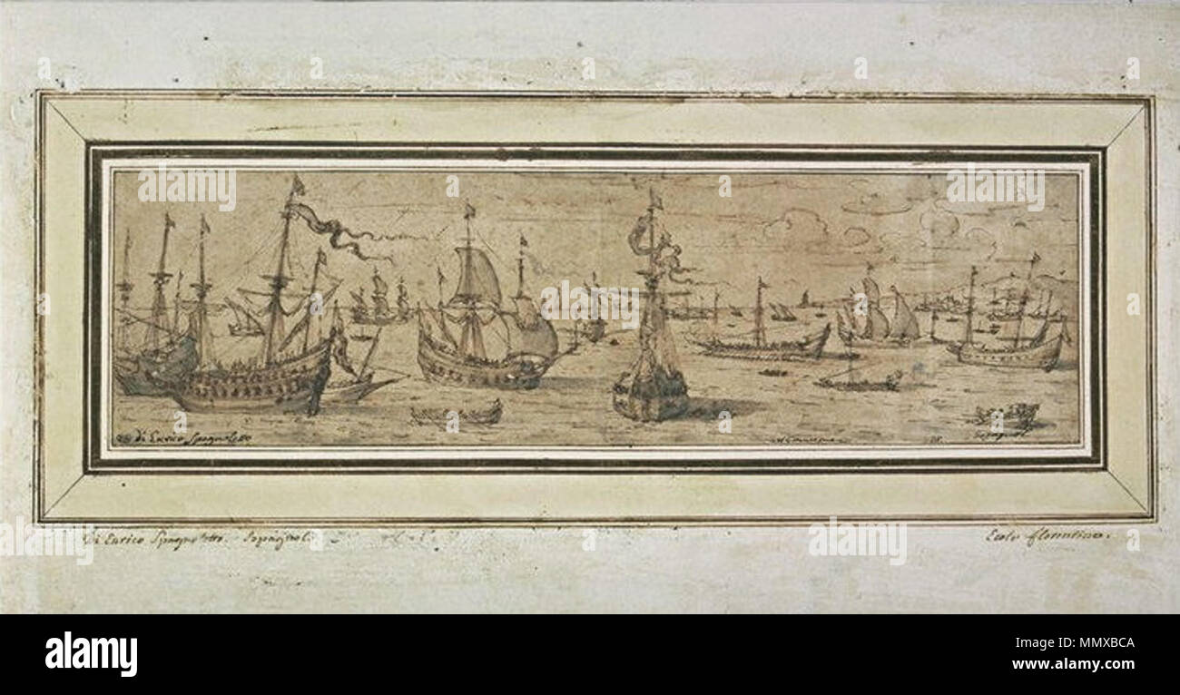 . Español : Marina, un dibujo y pluma sépia d'Aguada con toques de azul índigo ; 10,5 x 37,1 cm, Paris, Musée du Louvre . segunda mitad del siglo XVII. Enrique de las Marinas Enrique de las marinas-louvre Banque D'Images