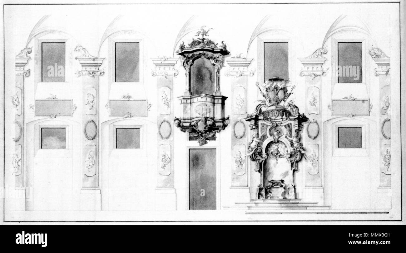 . Entwurf für die Kapelle des Meersburger Neuen Schlosses. Kolorierte Federzeichnung von Joseph Anton Feuchtmayer, um 1741. Fürstlich Waldburg-Zeil'sches Archiv, Schloss Zeil. . Vers 1741. Joseph Anton Feuchtmayer (1696-1770) Noms alternatifs Joseph Feichtmayr ; Joseph Anton Feichtmayr ; Joseph Anton Feichtmayer ; Joseph Anton Feuchtmayer, Faichtmair Feuchtmair Joseph, Joseph anton feuchtmayer ; Josef Description sculpteur allemand Date de naissance/décès 1696 2 janvier 1770 Lieu de naissance/décès Linz Mimmenhausen bei Salem (Baden) lieu d'Oberschwaben contrôle d'autorité : Q323434 V Banque D'Images