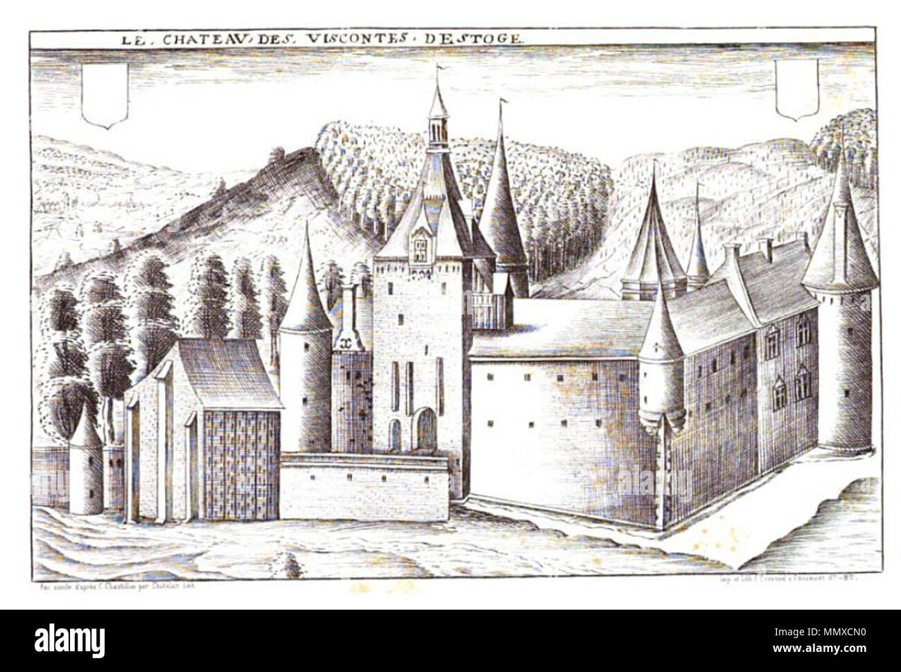 . Anglais : gravure de Claude Chastillon ( + 1616), reproduit par une gravure du xixe siècle : le Château de Villersexel (Dép. Marne, Champagne-Ardenne) dans son état antérieur, avant le rebuildung exécuté dans les années 1680 en vertu de l'Antoine Saladin d'Anglure de Savigny Aurillac nach Claude Chastillon Banque D'Images