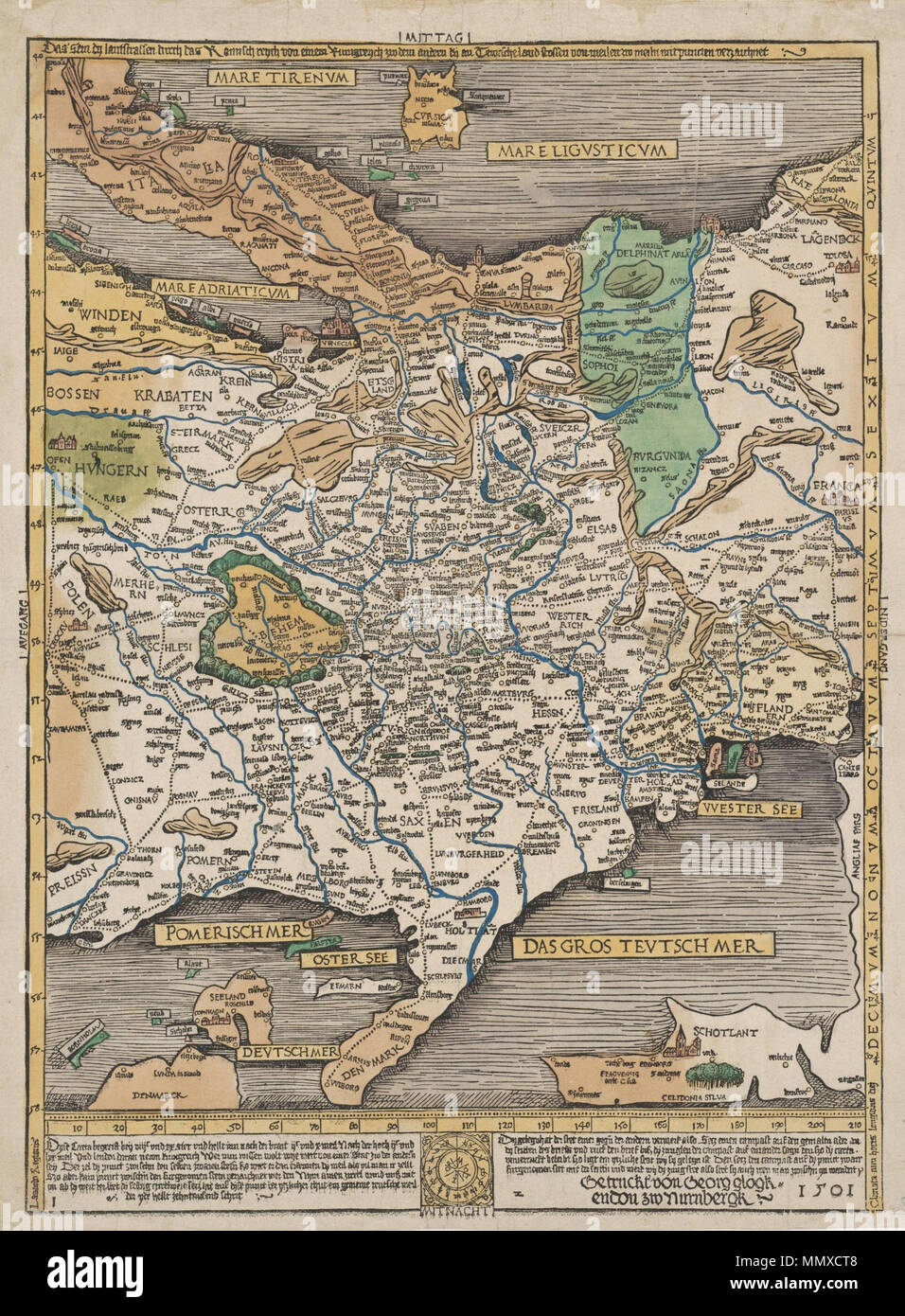 . Anglais : Carte des routes commerciales en Europe centrale. Nuremberg 1501. Deutsch : 'Das sein dy lantstrassen durch das Romisch reych', Karte der dans Handelsstraßen la Mitteleuropa. Nürnberg 1501. . 1501. Erhard Etzlaub (1462-1532) Description géographe allemand, astronome et médecin Date de naissance/décès vers 1460 ou 1531 1532 Lieu de naissance/décès de Nuremberg Nuremberg Erfurt lieu de travail de contrôle d'autorité : Q99274 : VIAF ?67265360 RCAC : ?non ?97053333 GND : 118955659 1501 Landstrassen Etzlaub WorldCat Banque D'Images