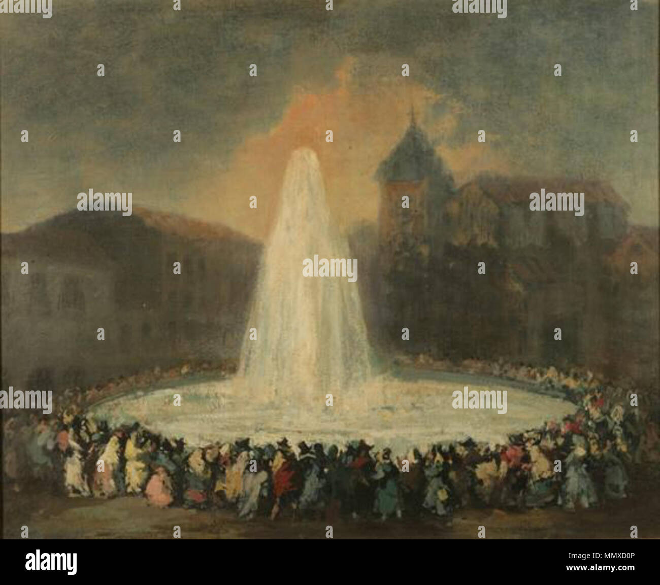 . Español : Traída de Aguas del Lozoya. Óleo sobre lienzo, 70 x 90 cm. Lucas pintó hacia 1858, l'esta escena nocturna de la apertura de la fuente de la calle Ancha de San Bernardo, el día 24 de junio de 1858, en la Inauguración del Canal de Isabel II. Se Bocetadas distinguenː la iglesia de Montserrat de Pedro de Rivera, la mole del Convento de las Salesas Nuevas y otras casas de la calle San Bernardo. Lucas hizo tres versiones, figura en esta colección particulier y es gemela de la del Museo Nacional del Romanticismo (Madrid). . Vers 1858. Lucas Velázquez (1817-1870) Noms alternatifs Eug Banque D'Images