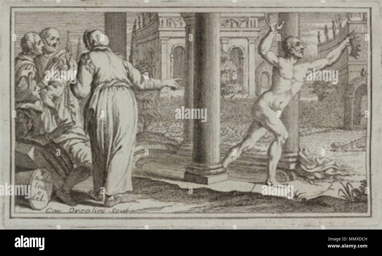 . Anglais : c'est maintenant appelé 'le principe d'Archimède" ou le "principe de flottabilité'. La vignette du titre de l'italien 'page d'information historique et critique sur la vie, les inventions et les écrits d'Archimède de Syracuse' par le comte Giammaria Mazzuchelli (1707-1765), publié à Brescia, Italie en 1737. Italiano : Vignetta tratta dalla pagina Notizie istoriche e critiche Intorno alla vita, alle invenzioni, ed agli Scritti di Archimede siracusano. Mostra Archimede onu mentre corre nudo per le vie di Siracusa dopo aver scoperto il suo principio, chiamato appunto 'Principio di Archimade'. Dis Banque D'Images