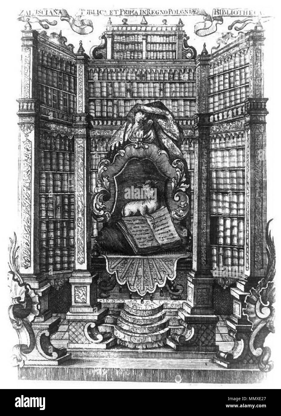 Anglais : Ex-libris de la bibliothèque Za ?uski montrant l'intérieur de la bibliothèque. Polski : Ekslibris uskich Biblioteki Za ?z ?trza fragmentem wn biblioteki. milieu du XVIIIE siècle. Exlibris Zaluski Banque D'Images