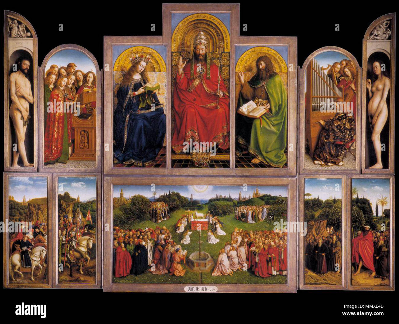 Anglais : le retable de Gand (ailes ouvertes) . 1432. Eyck.hubert.lamb.750pix Banque D'Images