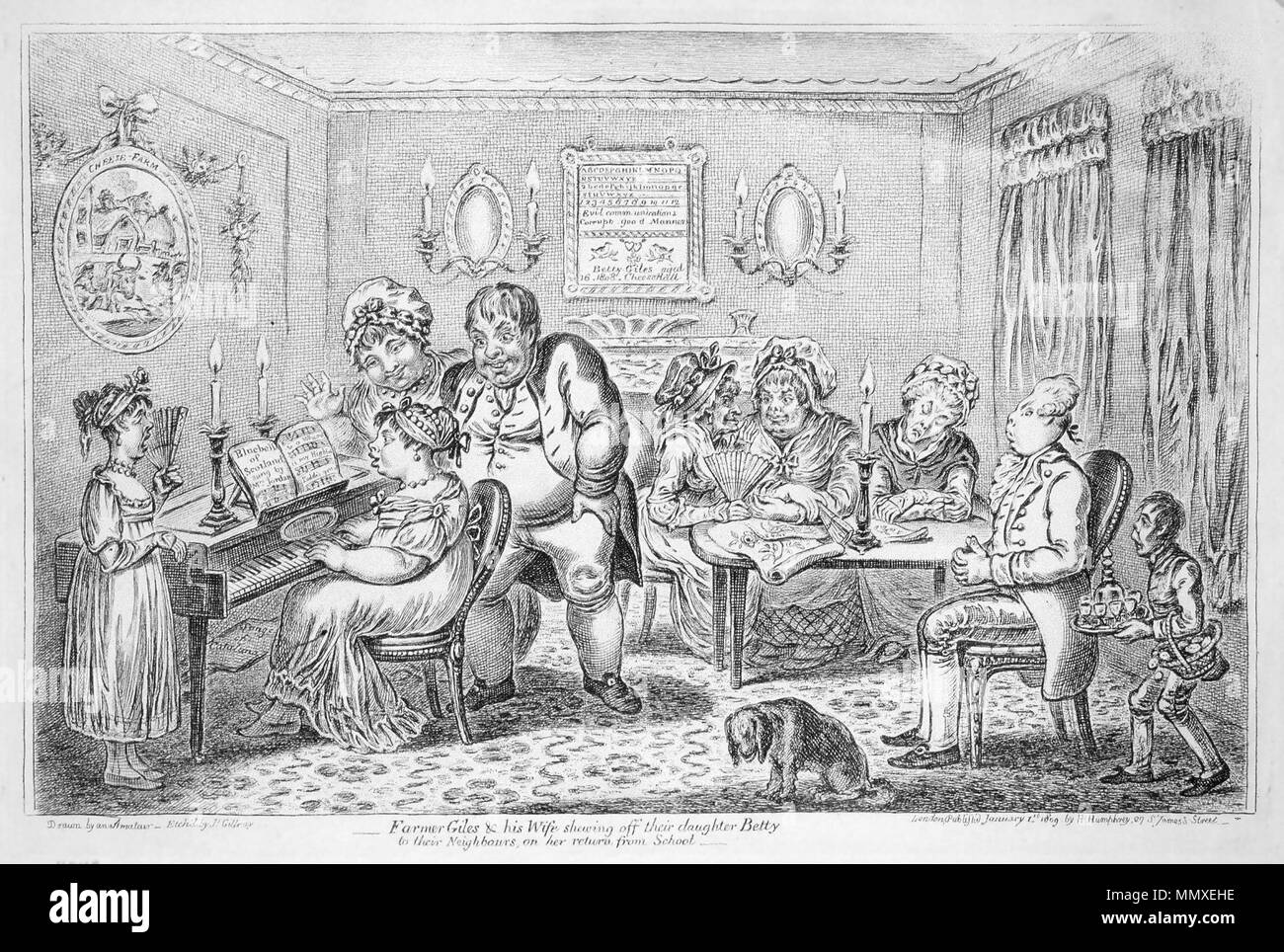 . (Ce 1809 caricature de Gillray fait la satire d'une famille d'agriculteurs prospères qui aspirent à femme encore de 'réalisations' et d'autres raffinements de la classe moyenne). Le texte dans un ovale sur le mur à gauche : 'Cheese Farm' Music au piano : 'Blue Bells of Scotland chanté par Mme Jordan' sur le mur à l'arrière : cousus par 'Betty' Giles RÉSUMÉ : Caricature fille potelée à jouer du piano. Ses parents... voire à proximité tandis que d'autres semblent moins intéressés. 'Farmer Giles & sa femme qui fais off leur fille Betty à leurs voisins, à son retour de l'école'. 1809. publié par H. Humphrey Farmer Giles &AMP ; sa femme qui fais off e Banque D'Images