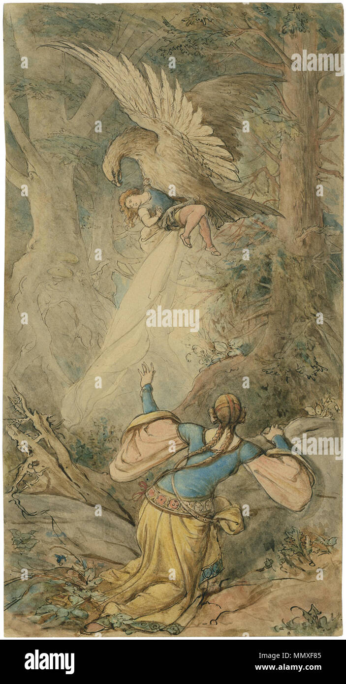 . Illustration zu dem "Märchen Fundevogel'. Feder dans Braun, aquarelliert, über Spuren von schwarzem Stift. 43,8 x 23,1 cm. . En 1859. Ferdinand Fellner (1799-1859) Ferdinand Fellner Fundevogel Banque D'Images