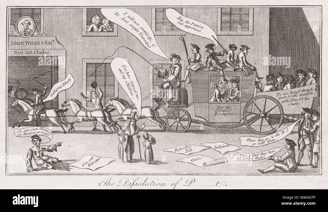 . Titre : La dissolution de P--------t [GRAPHIC]. Publié : Londres : [s.n., 1 nov. 1774] Description : 1 imprimez sur papier vergé : gravure gravure & plaque ; 12,5 x 20,1 cm, sur feuille 14 x 21 cm. Descripteurs : Dissolution du Parlement, le 30 septembre, 1774 -- Projets de loi : Loi sur le Port de Boston -- Projets de loi : Loi du Québec -- Annexes : parc privé -- projets de mandats généraux -- Véhicules : coach avec un panier -- Immeubles : affichage inn. Sujets (Bibliothèque du Congrès) : Wilkes, John, 1725-1797 --Caricatures et dessins animés. Type de matériau : Satires (Visual works) --Angleterre --1774. Illustrations --Engla périodique Banque D'Images