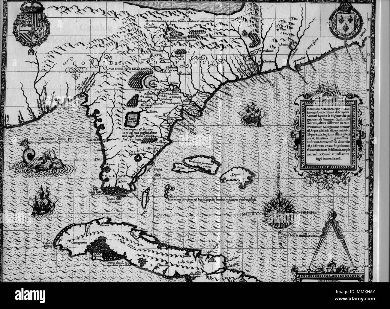 . 'Carte de la Floride. Carte gravée par fr:Jacques Le Moyne de Morgues, publié par fr:Theodor de Bry dans Brevis Narratio . . Frankfort, 1591' . 1591. Utilisateur:Floride 1591 SEWilco Moyne Banque D'Images
