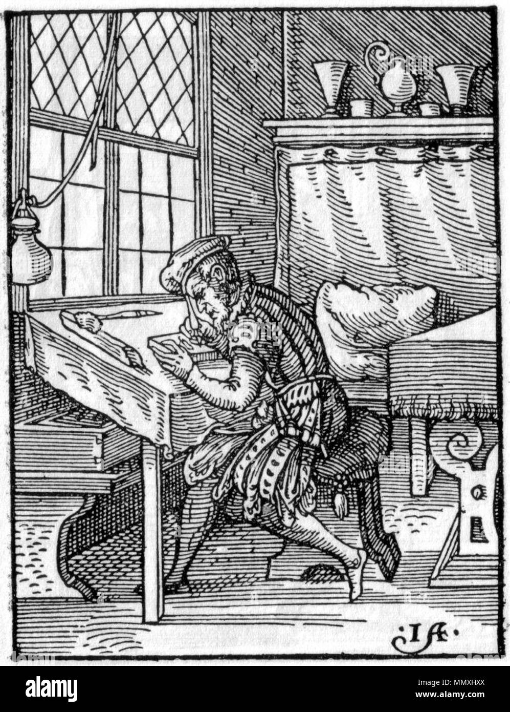 . Der Formschneider Holzschnitt aus : de:Jost Amman (1539-1591) : Eygentliche Beschreibung aller Stände auff Erden und hoher, nidriger weltlicher geistlicher und aller, Künsten Handwerken Händeln, und ... (An der Universität Frankfurt am Main 1568 ; auch bekannt als : Das Ständebuch) Im Buch wird das Bild von folgendem Text von de:Hans Sachs begleitet : Ich bin ein gut, Formenschneider a été als man mir für reissen thut, mit der federn auff Das ein bret formulaire ich denn mit meim schneid geret, Wenn man sich so sind denn druckt scharff, wie sie die Bildnuß entwarff, die der steht, denn druckt auff papyr dem, Küns Banque D'Images