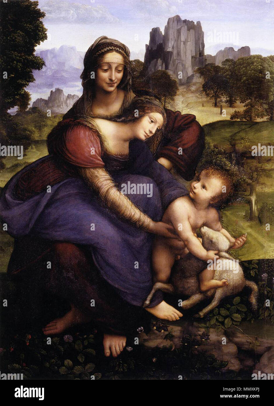 La Sainte Anne De Leonard De Vinci St Anne avec la Vierge et l'enfant et un agneau, copie d'une oeuvre de  Léonard de Vinci. Entre 1520 et 1525. Francesco Melzi - St Anne avec la  Vierge et l'enfant embrassant
