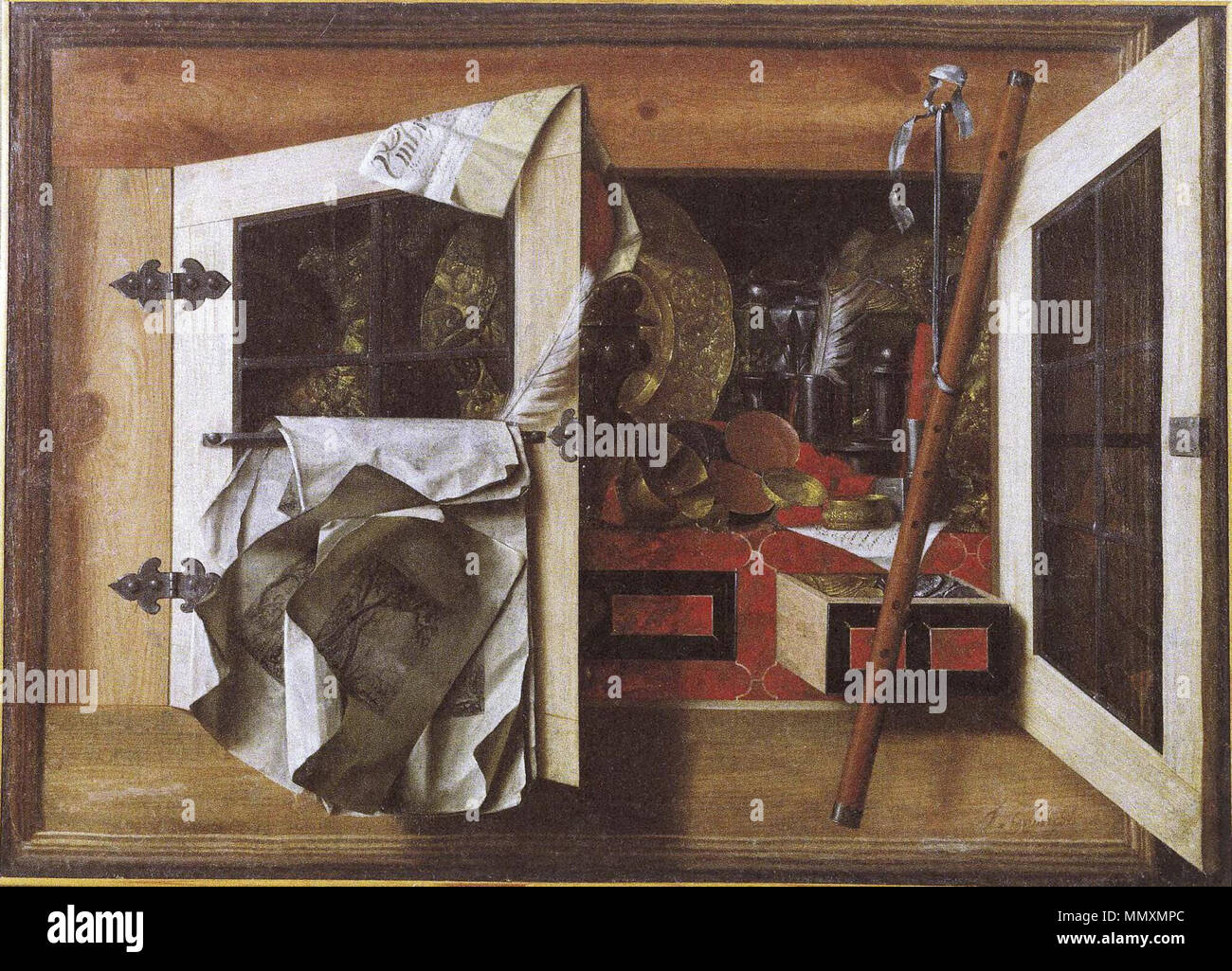 Un trompe-l'oeil Nature morte avec objets dans une armoire. vers 1675. Franciscus Gijsbrechts - Trompe l'oeil d'une armoire murale de métaux précieux, de navires et d'un enregistreur - ca. 1675 Banque D'Images