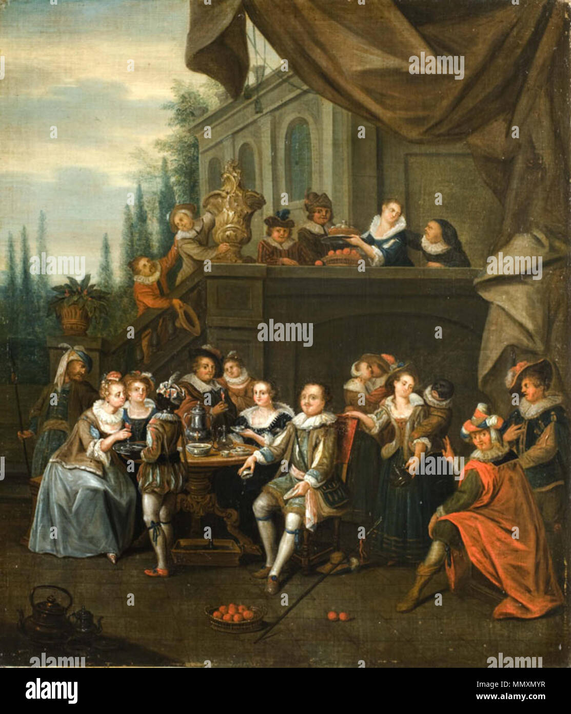 Société élégant à table sur une terrasse du château . Entre 1701 et 1755.  François Xavier Henri Verbeeck (1686-1755) Noms alternatifs Frans Verbeeck,  Pieter van Beeck, François Xavier Hendrik Frans Verbeeck,