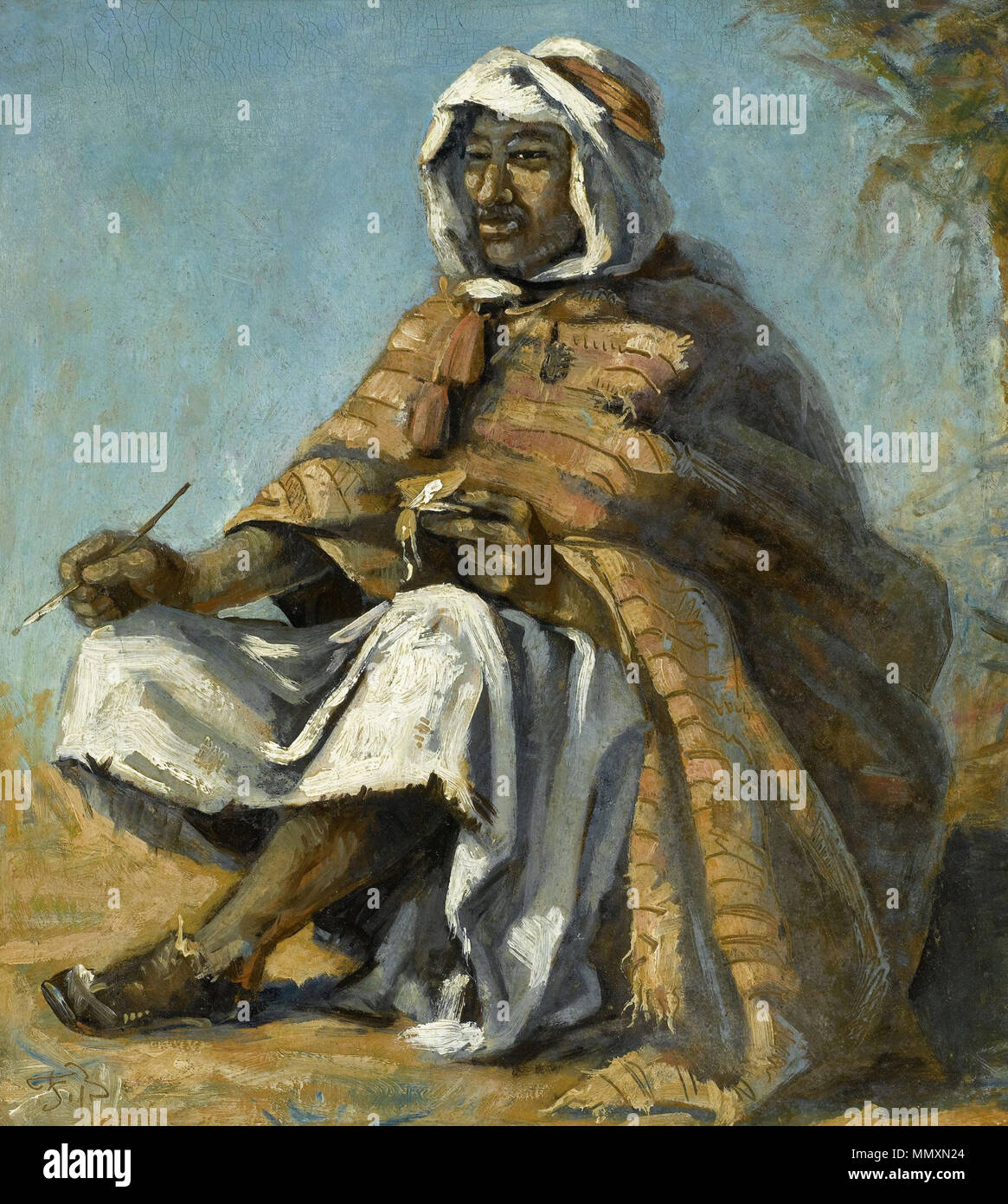 Deutsch : Sitzender Beduine Stift mit Buch und English : Bedouin assis avec stylo et livre . 19e siècle. Frank Buchser - Sitzender Beduine mit Stift und Buch Banque D'Images