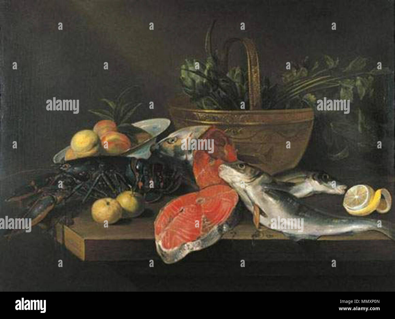 Anglais : le homard, le saumon, pelée et de citron dans un bol de fruits et  légumes dans un panier en cuivre sur une table, par Frans Ykens, huile sur  toile.