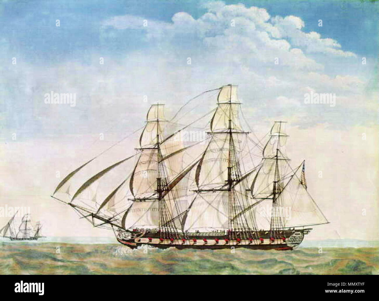 . Deutsch : Segelfregatte USS Essex (1799). Anglais : Voile frigate USS Essex (1799), de port vue latérale, comme une illustration stylisée du navire, avec les Canon ports sont visibles, dans la configuration au Îles Galapagos. English : Tableau stylisé de la frégate américaine l'USS Essex en 1799, vu de le robinson 8.8, represented with its chanoines sortis, dans les îles Galapagos. La frégate USS Essex. 1897. Frégate-essex-1799 Banque D'Images