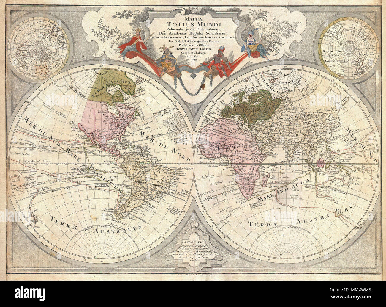 Anglais : c'est une superbe carte de l'hémisphère double monde préparé par  Guillaume de L'Isle et publié par Tobias Conrad Lotter en 1775. Le plan est  fondé sur le travail remarquable