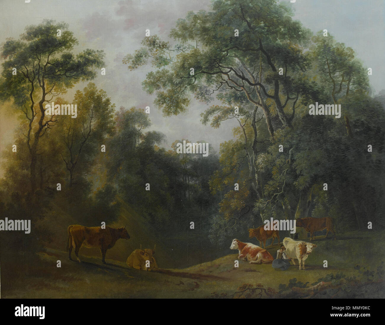 Un paysage boisé avec une femme de chambre et les bovins. Date inconnue. George Barret (attrib.) - un paysage boisé avec une femme de chambre et de bovins-lait Banque D'Images