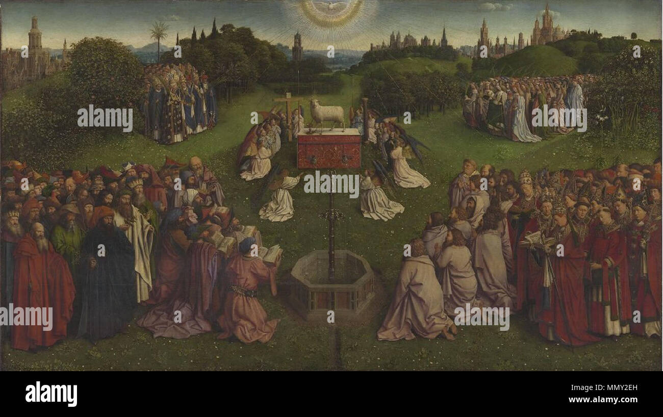 . 'Mystic' Agneau du retable de Gand . 1432. Jan van Eyck (vers 1390-1441) Noms alternatifs Jean Van Eyck, Johannes van Eyck Description peintre flamand, dessinateur et illuminateur manuscrit date de naissance/décès vers 1390 avant le 9 juin 1441 Lieu de naissance/décès Maaseik Bruges lieu de travail à La Haye (1422), Bruges (1425), Lille (1425-1428), Bruges (1431-1441) le contrôle d'autorité : Q102272 : VIAF ?54156267 ISNI : ?0000 0001 2101 4186 ULAN : ?500116209 RCAC : ?n50048855 NLA : ?35072913 WorldCat Gand Retable Agneau Mystique Banque D'Images