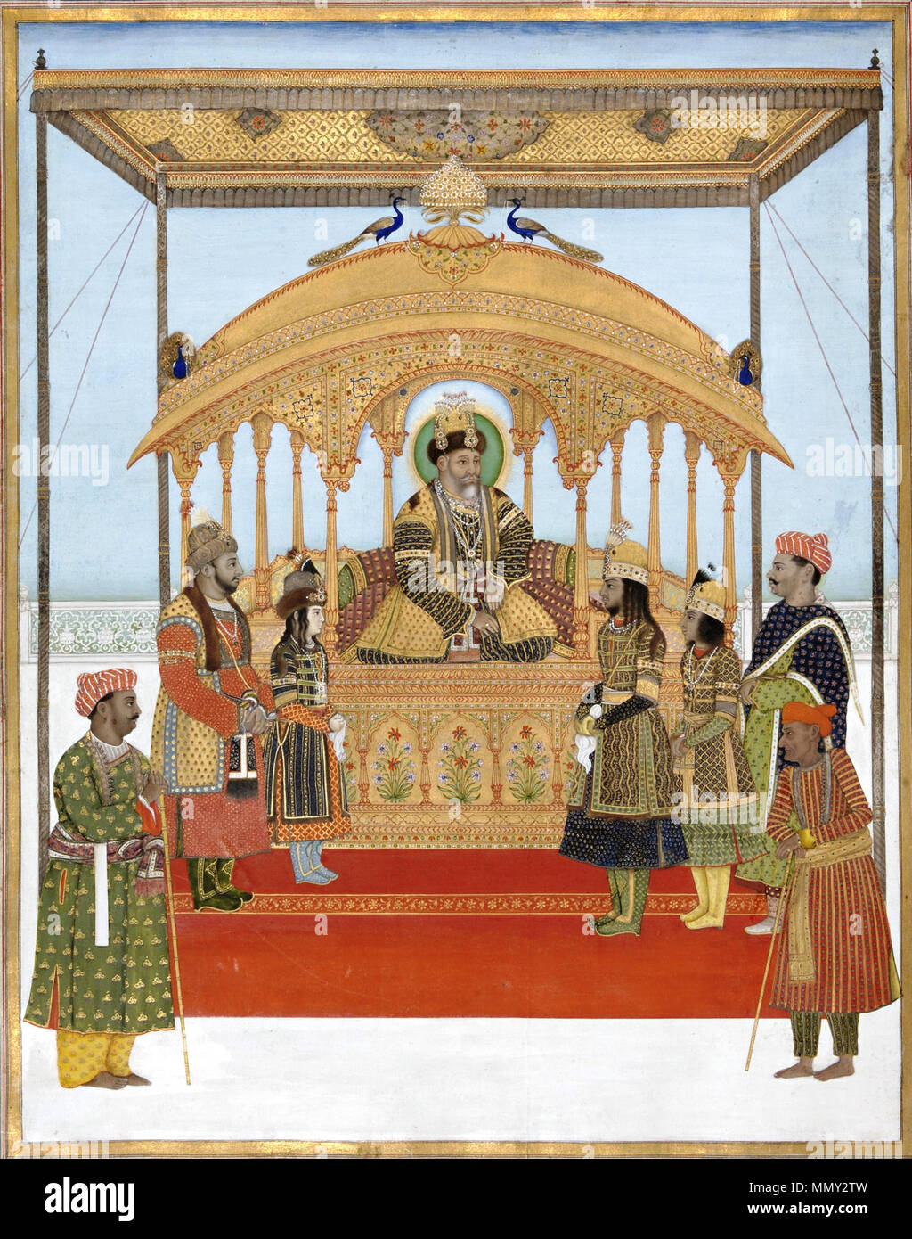 . Anglais : Le Delhi Darbar de Akbar II. Dans cette peinture attribuée à l'artiste Ghulam Murtaza Khan, l'empereur moghol Akbar II (r. 1806-37) est titulaire de ce cour au sommet d'une exquise, jewel-incrustés jharoka, ou trône, couvert par un baldaquin et surmonté d'un baldaquin brodé ; l'jharoka est une copie de la célèbre Trône du paon pillées par les Iraniens sous la dynastie afsharide ruler Nadir Shah (r. 1736-47 CE) en 1738-39 CE. Les fils d'Akbar, Abu Zafar Siraj al-Din (l'avenir Bahadur Shah II et le dernier souverain de la dynastie moghole, r. 1838-57 CE), Salim Mirza Mirza, Jahangir et Mirza Babur, stand dans Banque D'Images