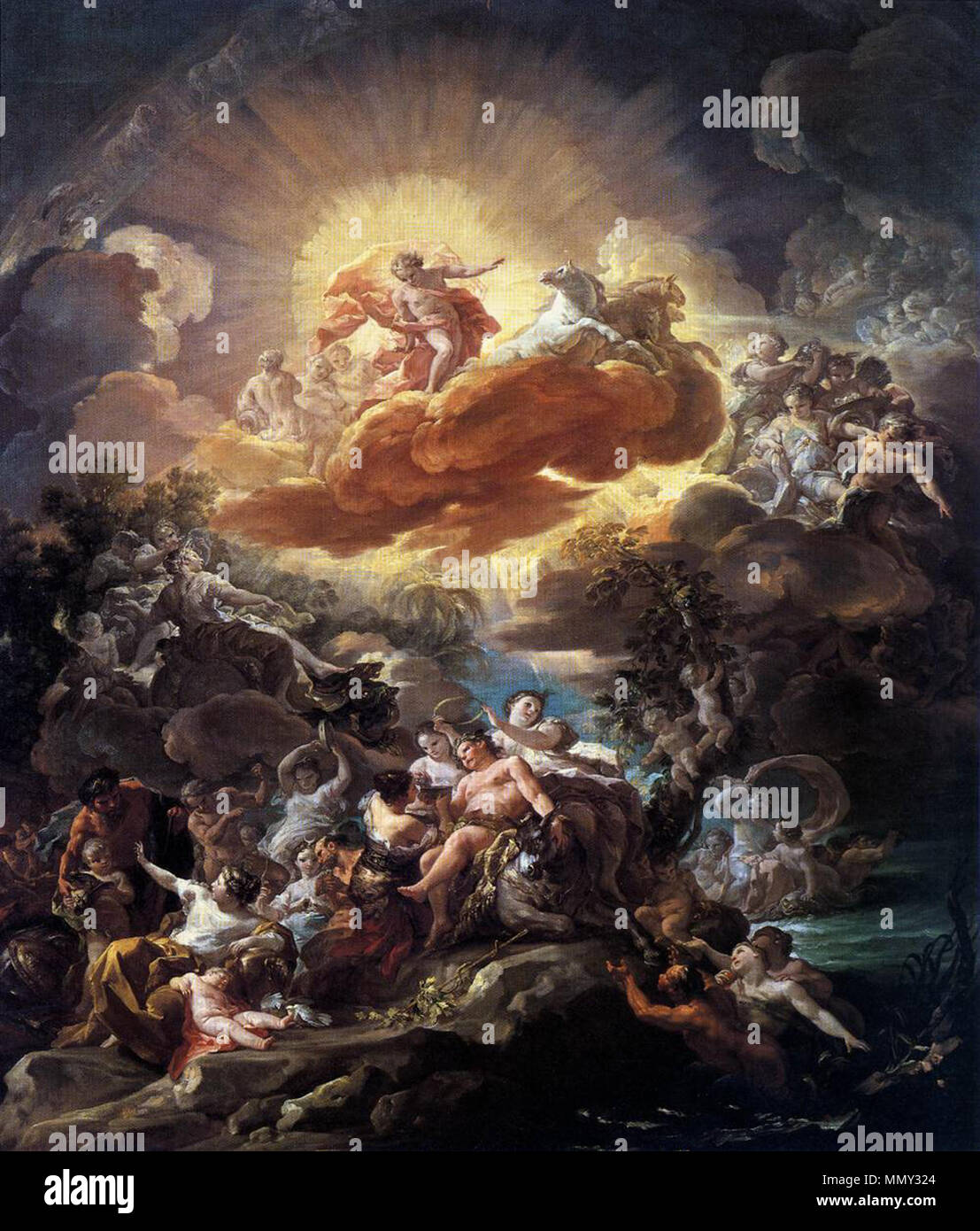 La naissance du soleil et le triomphe de Bacchus. 1762. Corrado Giaquinto, - La naissance du soleil et le triomphe de Bacchus - 1762 Banque D'Images