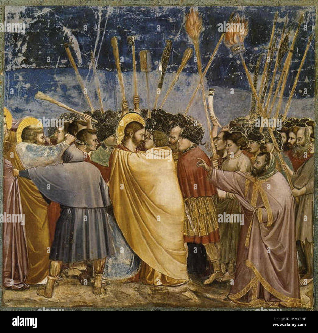 . Anglais : le disciple sur la gauche, qui blessures un soldat avec son couteau, est Saint Pierre. Anglais : n° 31 scènes de la vie du Christ : 15. L'Arrestation du Christ (baiser de Judas) . Entre 1304 et 1306. Giotjud Banque D'Images