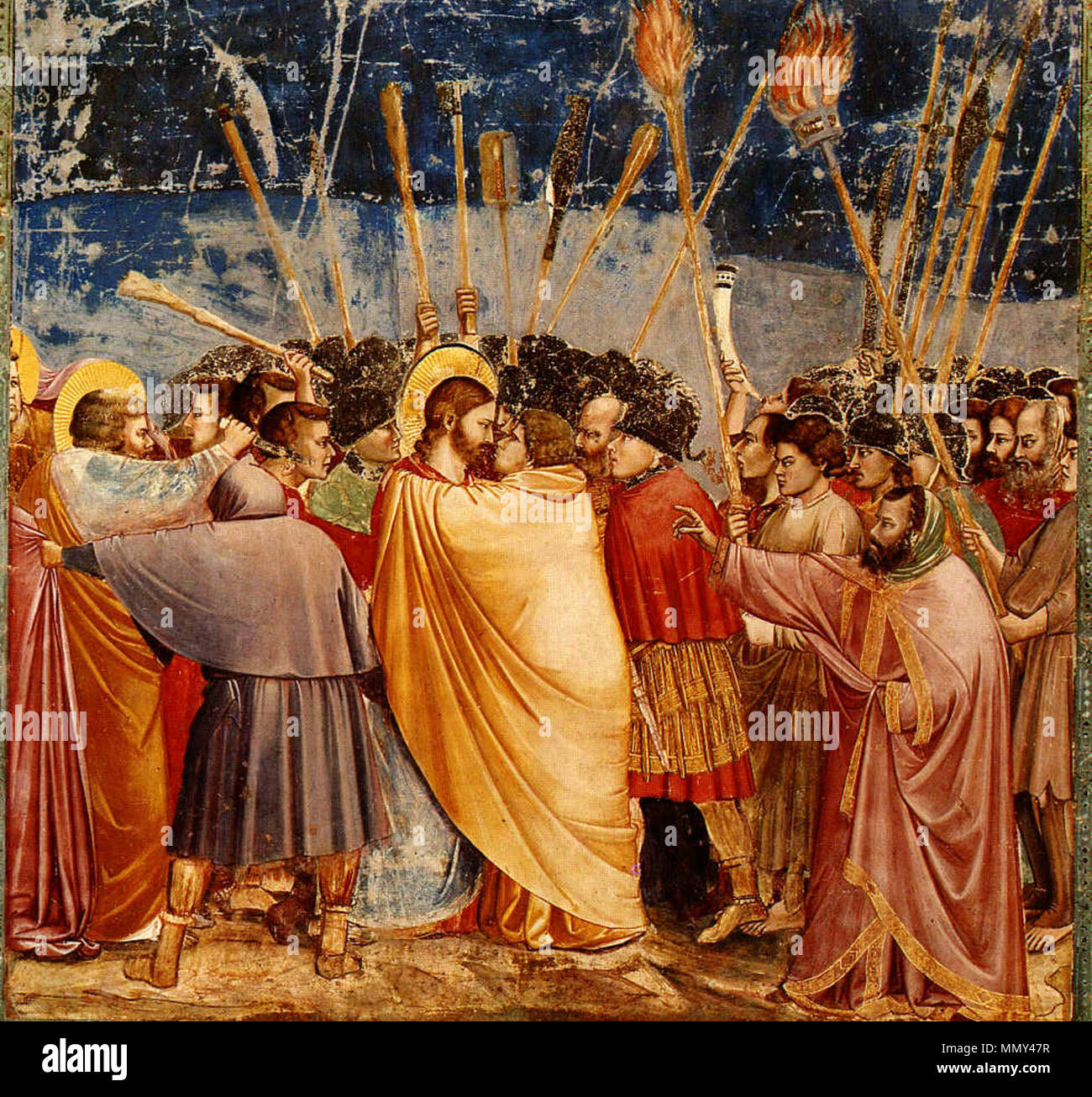 . Anglais : le disciple sur la gauche, qui blessures un soldat avec son couteau, est Saint Pierre. Anglais : n° 31 scènes de la vie du Christ : 15. L'Arrestation du Christ (baiser de Judas) . Entre 1304 et 1306. Giotto-KissofJudas Banque D'Images
