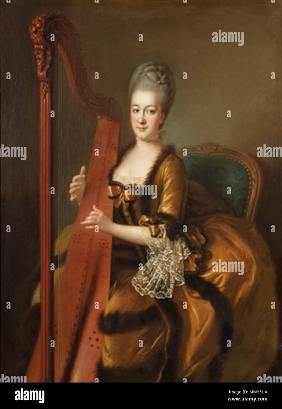 Anglais : une dame jouant de la harpe, Portrait présumé de Marie-caroline  d'Autriche English : Portrait présumé de Marie-Caroline d'Autriche  (1752-1814) reine consort de Naples et de Sicile . 18e siècle.