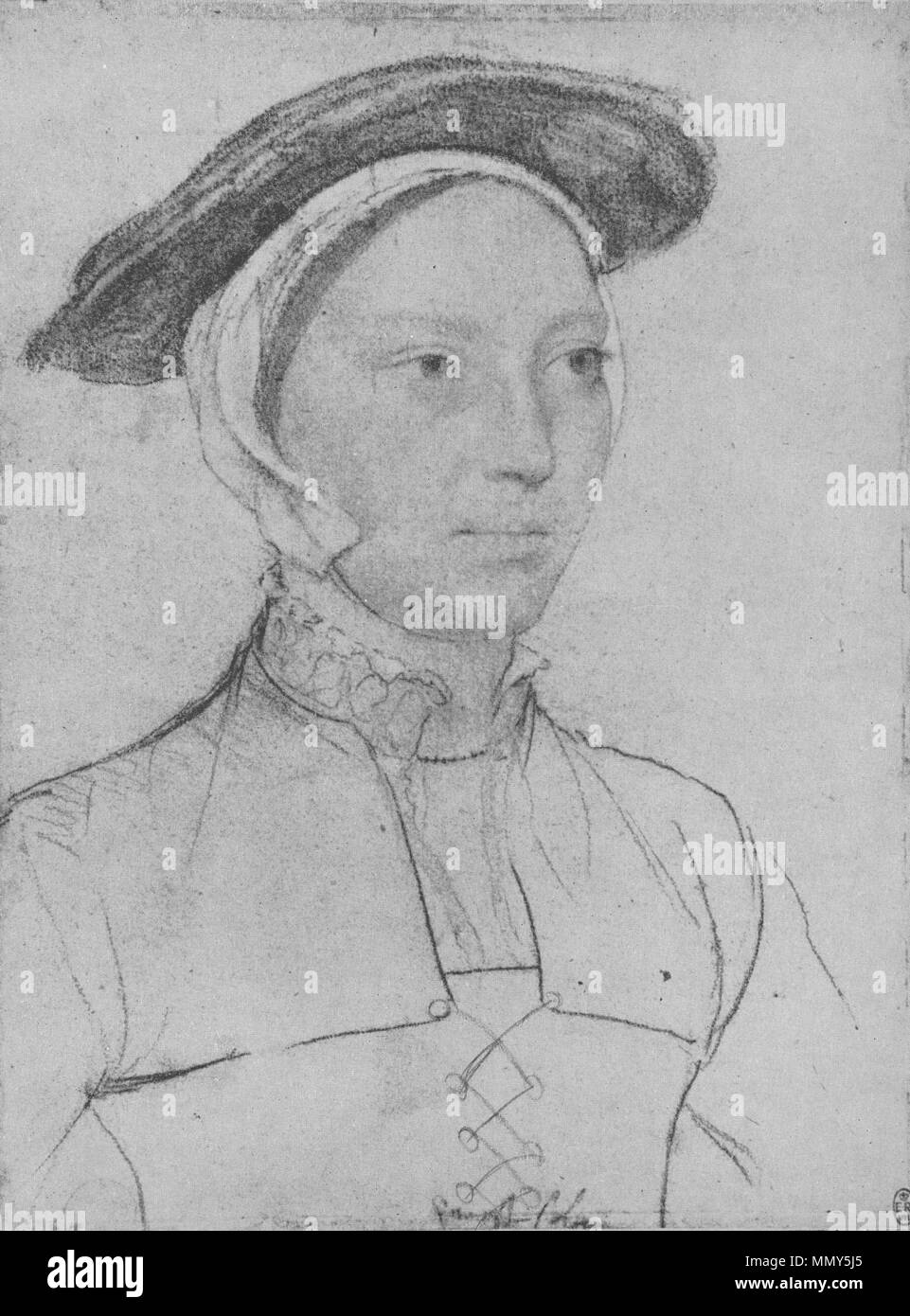 . Anglais : le visage est beaucoup porté par frottement ; les lignes de l'insensible spencer (veste) sont plus tard par des mains (Parker, p. 49). Holbein a noté "amast sh' (noir) de Damas au bas de la feuille. Anglais : Portrait d'une dame inconnue, probablement l'anglais . 1532-43. Une dame, inconnu, par Hans Holbein le Jeune Banque D'Images