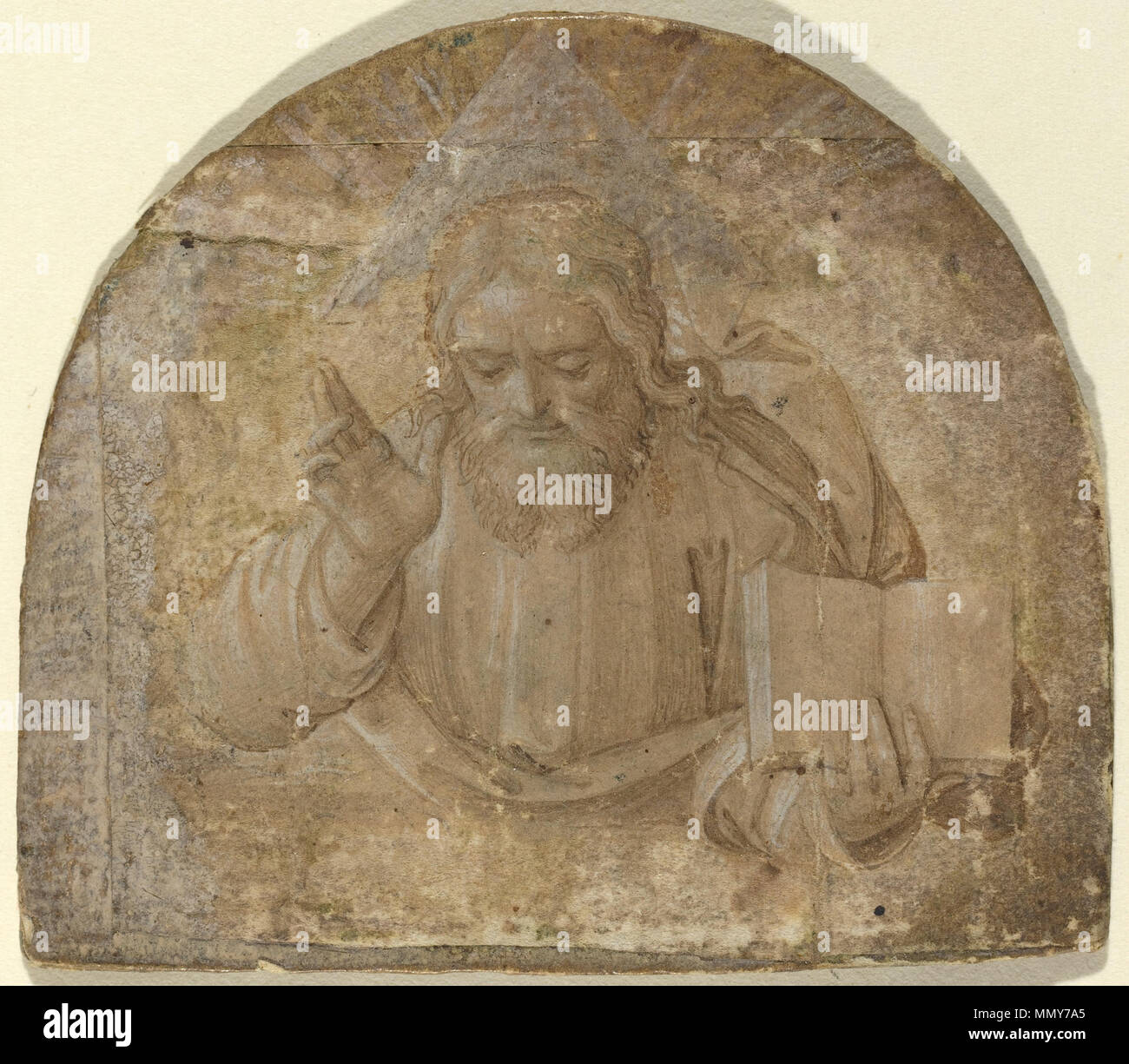 . Anglais : Dieu le Père avec sa main droite levée en bénédiction ; Dessin leadpoint( ?), plume et encre brune et Lavis, rehaussée de blanc sur fond crème préparé( ?) papier fixées sur panneau de bois ; dans l'ensemble (lunette) : 7 x 8,1 cm (2 3/4 x 3 3/16 in.) ; Dieu le Père avec sa main droite levée à la Bénédiction Banque D'Images