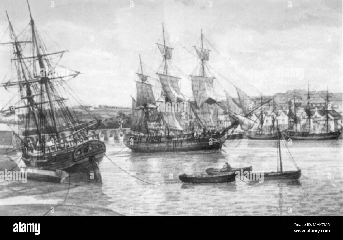 . Anglais : 'Scène', pont à Bideford par Mark Myers, montrant les eaux de l'Torridge pendant l'apogée du commerce colonial. . 18e siècle. Mark Myers/Burton Art Gallery and Museum une peinture de navires du XVIIIE siècle sur la rivière Torridge Banque D'Images