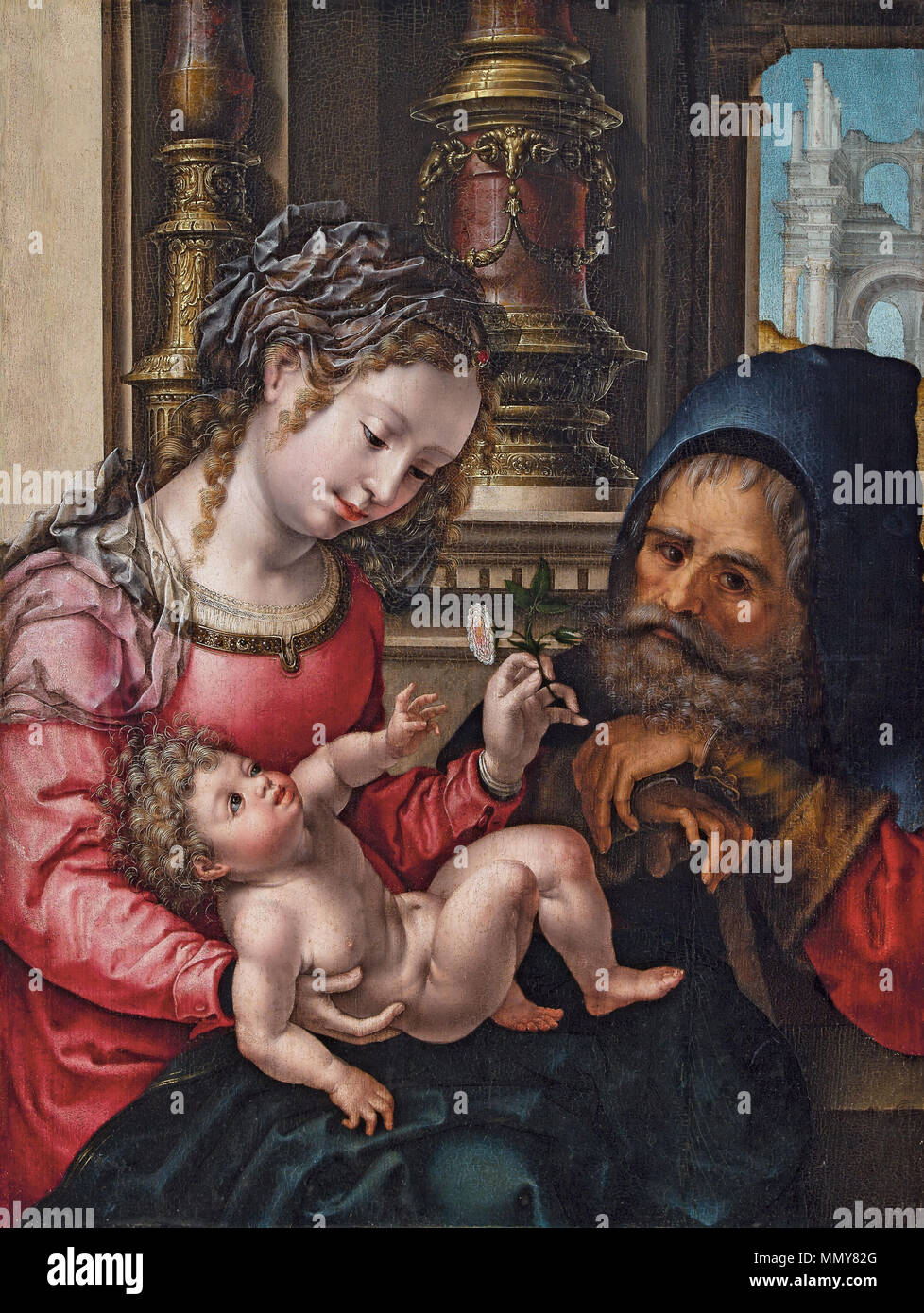 . Español : El lienzo muestra a los tres membres de la Sagrada Familia : el Niño Jesús, San José y la Virgen María. La Sagrada Familia. Entre 1525 et 1530. Gossaert sainte famille Bilbao Banque D'Images