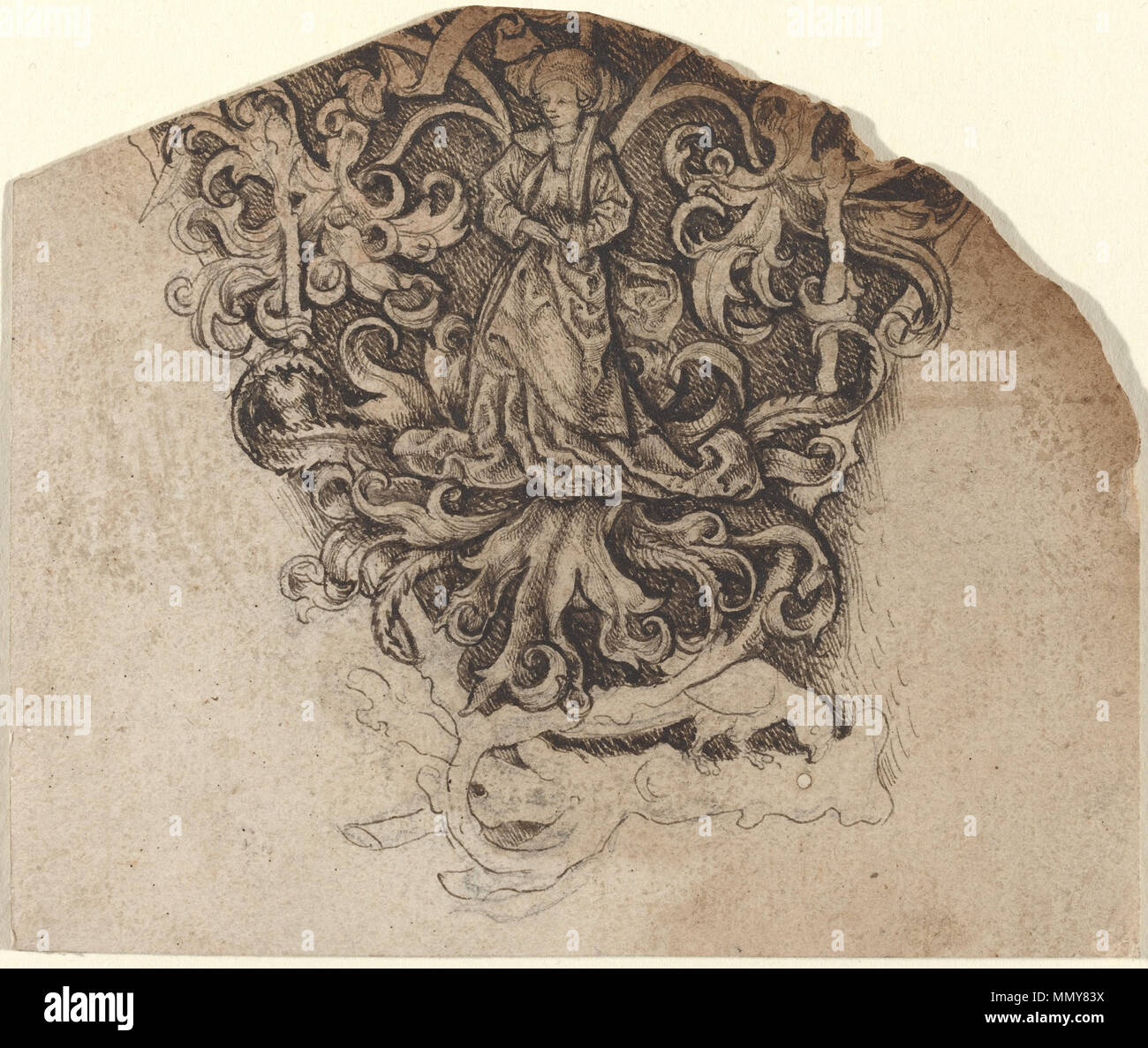 Dessin plume et encre brune sur craie noire ; dans l'ensemble (environ) : 10,6 x 12,7 cm (4 3/16 x 5 in.) ; ornement gothique avec dame et parrot lcz Banque D'Images