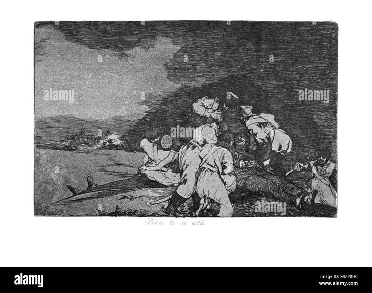 . Los Desatres de la Guerra est un ensemble de 80 gravures aquatintes créé par Francisco Goya dans les années 1810. Planche 6 : Bien te se está (Il vous sert à droite) . 1810s. Francisco Goya (1746-1828) Noms alternatifs Francisco Goya Lucientes, Francisco de Goya y Lucientes, Francisco José Goya Lucientes Description l'espagnol, peintre, graveur, lithographe, graveur et aquafortiste Date de naissance/décès 30 Mars 1746 16 avril 1828 Lieu de naissance/décès Fuendetodos Bordeaux lieu de travail Madrid, Saragosse, Bordeaux contrôle d'autorité : Q5432 : VIAF ?54343141 ISNI : ?0000 0001 2280 1608 ULAN : ?500118936 RCAC : ? Banque D'Images