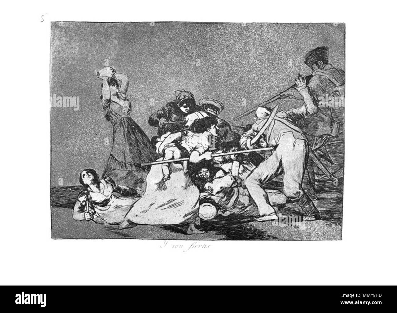. Los Desatres de la Guerra est un ensemble de 80 gravures aquatintes créé par Francisco Goya dans les années 1810. Planche 5 : Y son fieràs (et sont comme des bêtes sauvages) . 1810s. Francisco Goya (1746-1828) Noms alternatifs Francisco Goya Lucientes, Francisco de Goya y Lucientes, Francisco José Goya Lucientes Description l'espagnol, peintre, graveur, lithographe, graveur et aquafortiste Date de naissance/décès 30 Mars 1746 16 avril 1828 Lieu de naissance/décès Fuendetodos Bordeaux lieu de travail Madrid, Saragosse, Bordeaux contrôle d'autorité : Q5432 : VIAF ?54343141 ISNI : ?0000 0001 2280 1608 ULAN : ?500118936 RCAC Banque D'Images