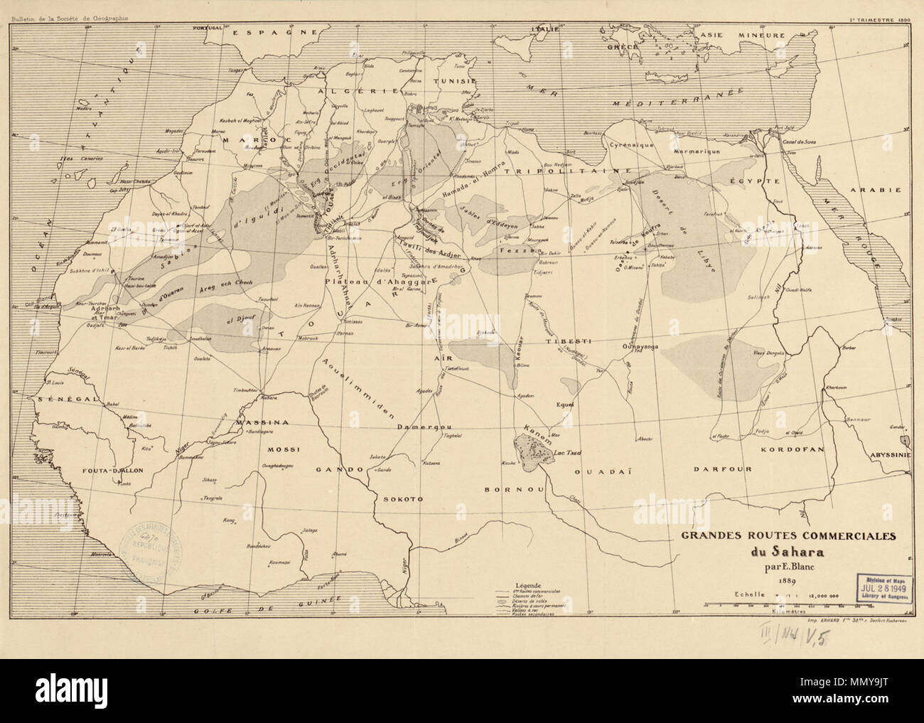 . Русский : торговых путей проходивших Карта, пустыню Сахара составленная через, в 1889 французским исследователем путешественником году Эдуардом Блан · отражает растущую значимость, которую европейцы придавали сухопутной, торговле имперской схватки период в 'конце Африку' в за XIX века. В статьях своей Блан подчеркивал о работе важность определения естественных географических маршрутов «» связали бы которые, колонии западной Африке французские в, такие как Сенегал Алжиром северной, с в Африке Средиземного побережье, а также моря Африкой Суданом и центральной с. Блан составлял тол свои не карты Banque D'Images