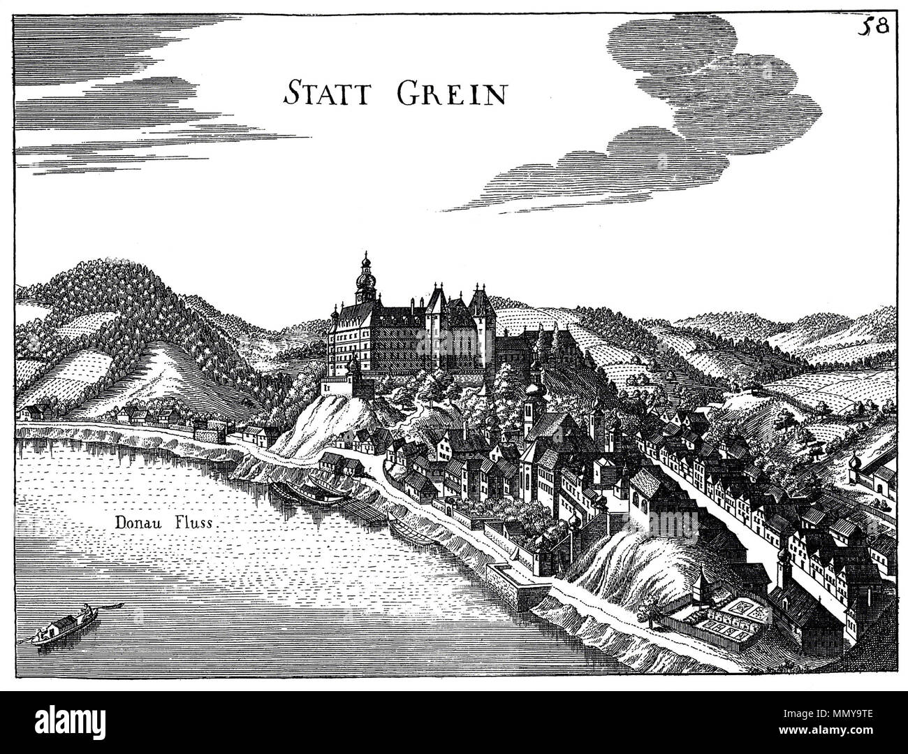 . Deutsch : Ansicht der Stadt Grein. Kupferstich aus Georg Matthäus Vischers Topographia superioris Austriae modernae ce média montre le monument protégé avec le numéro 37360 en Autriche. (Communes, de) Grein (Vischer) Banque D'Images