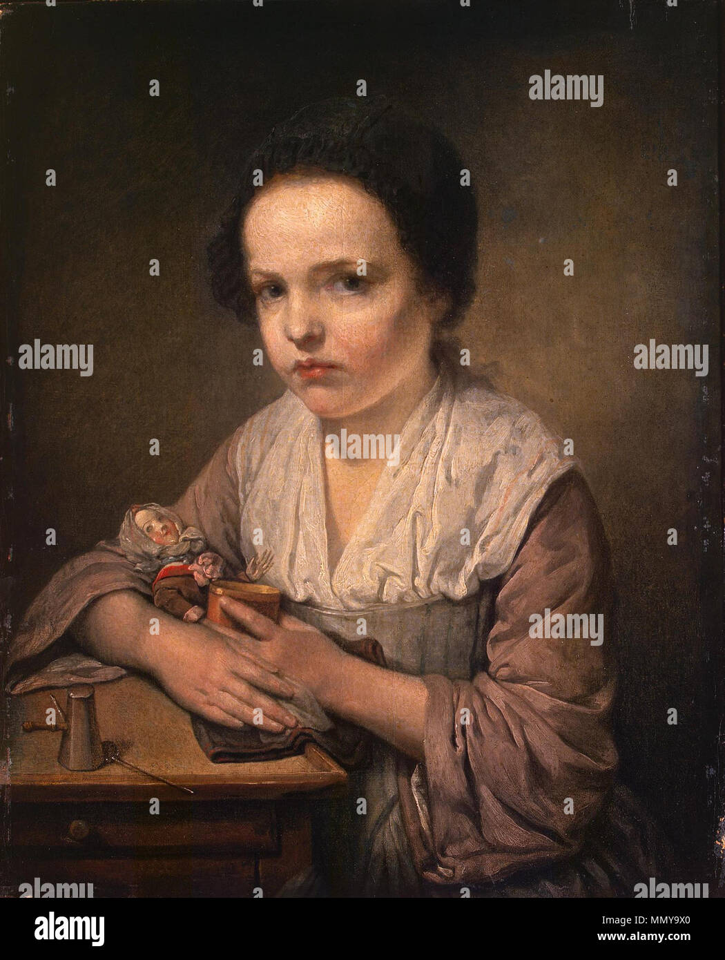 Fille avec une poupée. Années 1750. Jean-Baptiste Greuze - Jeune fille à la Poupée (1750) Banque D'Images