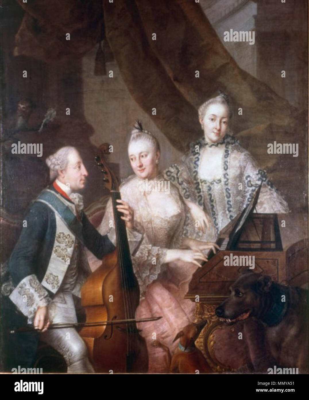 . Deutsch : Maximilien III. Joseph mit senneur Gemahlin und Mutter (Sœur Maria Amalie, 1701-1756, et Sœur Maria Josefa ?, 1739-1767). Anglais : électeur Maximilien III Joseph avec son épouse Maria Anna Sophia de Saxe et sœur (Josépha de Bavière ou Maria Antonia de Bavière), ou sa mère Maria Amalia d'Autriche Allemand : Kurfürst Maximilien III. Joseph mit senneur Gemahlin und Sœur électeur Maximilien III Joseph avec son épouse et sa sœur. 1758. Grooth - Maximilien III Joseph avec son épouse et sa soeur Banque D'Images