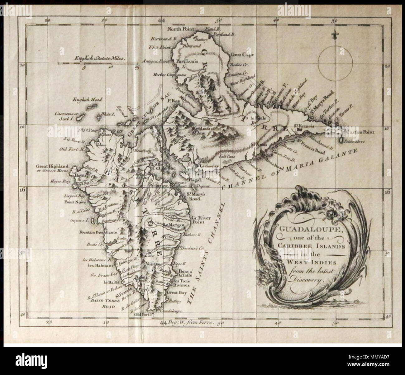 . Anglais : une carte de la Guadeloupe alors que des combats ont eu lieu il y menant à son occupation par les Anglais à John Hinton.- Universal magazine : le magazine universel de connaissances et plaisir, 1747-1800., vol. Vol.1-107, 1747-1800, Londres, John Hinton, 1747-1803. Exemplaire numérisée et colorisée. Guadeloupe Le Banat 1.1 Banque D'Images
