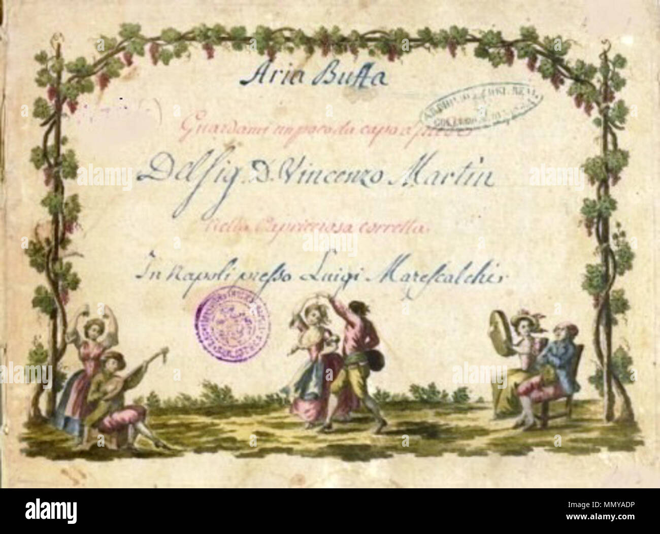. Anglais : couverture de la partition de 'Guardami un poco da capo a pied','aria de Martin y Soler's 1795 opera La capricciosa corretta, probablement produite au moment de l'opéra à Naples en 1798. L'original est tenu à la Biblioteca del Conservatorio di musica S. Pietro a Majella de Naples . vers 1798. Compositeur : Vicente Martín y Soler (1754-1806) ; copiste et editeur : Luigi Marescalchi (1745-1812) ; artiste : Inconnu Guardami un poco da capo a pied, l'aria de La Capricciosa Coretta par Martin y Soler Banque D'Images