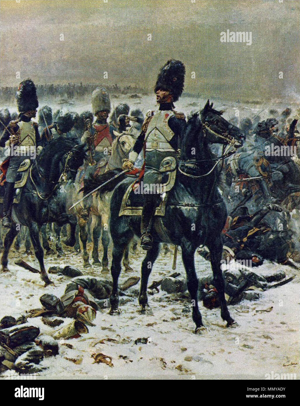 Anglais : Le Colonel Lepic à Eylau avec les Grenadiers à Cheval de la Garde Impériale English : Les grenadiers à cheval à la bataille d'Eylau : haut les têtes (le colonel Lepic) . 1893. Grenadier de la garde à Eylau Banque D'Images