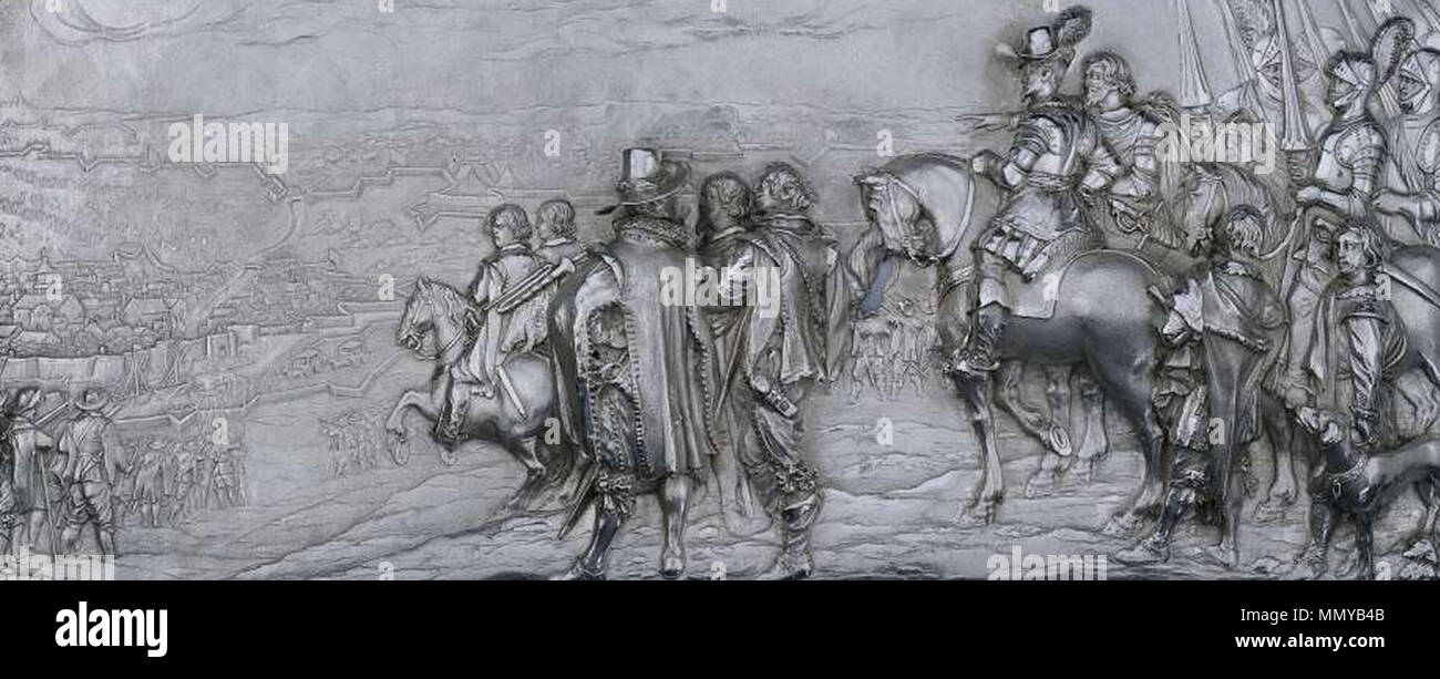 Anglais : un bas-relief d'argent martelé que est oblongue et carré avec  coins arrondis, avec la présentation du commandant Ambrogio Spinola durant  le siège de Jülich en 1622. Signée et datée :
