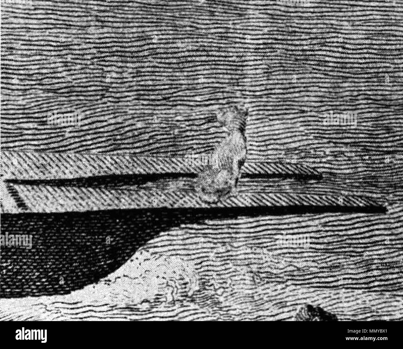 . Anglais : Détail de chien illustré en double canoë dans la Figure 1. à Raiatea, Iles de la société. À partir de 'une vue dans l'île de Ulietea avec double canoë et une maison de bateau' (1773, Hawkesworth, II : pI. 3). Raiatea, Iles de la société, le premier voyage du capitaine Cook. Le chien est à l'arrière sur la grande pirogue double. La tête d'une vache à cornes est visible de l'avant. . Vers 1773. Edward Rooker, après Sydney Parkinson. Une vue dans l'île de Ulietea avec une chambre double et d'un abri à bateaux canoë, gravée par E. Rooker, après des dessins par Sydney Parkinson, c. 1773 (récolte de chien) Banque D'Images